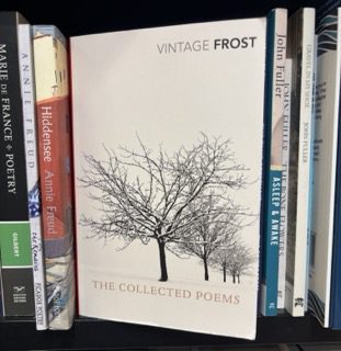 Book cover of The Collected Poems by Robert Frost, titled "Vintage Frost." The cover features a stark black-and-white photograph of bare winter trees against a white background, evoking themes of isolation and stillness, visual metaphors often associated with depression.