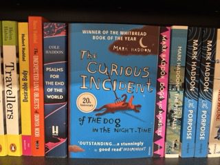 Bookshelf featuring The Curious Incident of the Dog in the Night-Time by Mark Haddon, a novel that explores selective mutism through the neurodivergent protagonist’s withdrawn communication during moments of emotional stress.